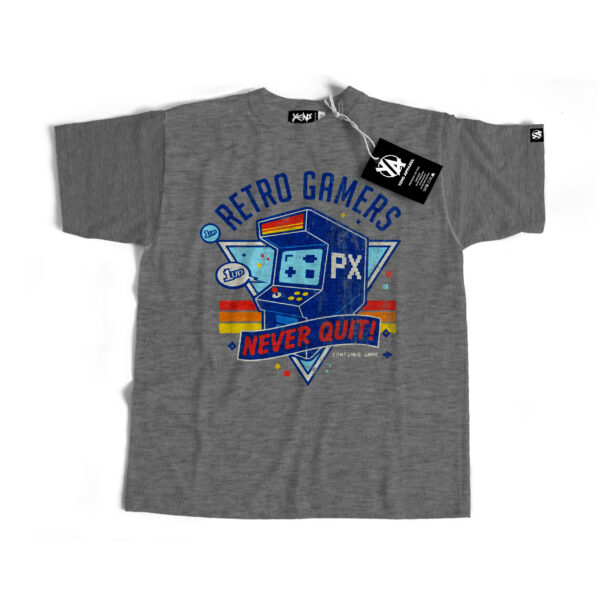 Retro Gamers Never Quit Arcade T-Shirt – Distressed Vintage Graphic Tee
