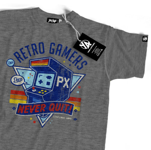 Retro Gamers Never Quit Arcade T-Shirt – Distressed Vintage Graphic Tee