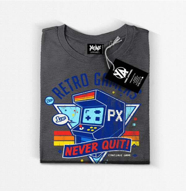 Retro Gamers Never Quit Arcade T-Shirt – Distressed Vintage Graphic Tee